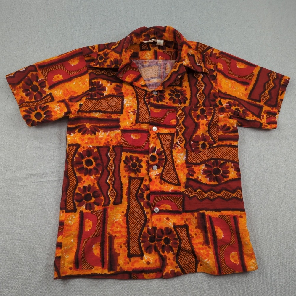 VIntage Mr Kailua Shirt Mens Small Orange Tiki AOP  Hawaiian Camp Made In Hawaii
